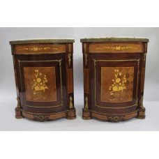 Pair of Marble Topped Inlaid French Corner Cabinets