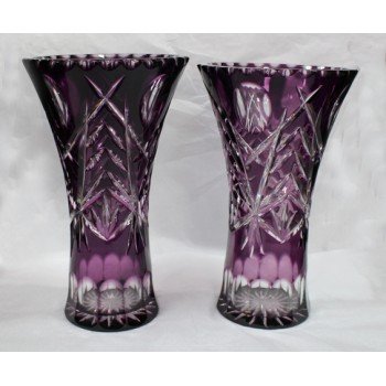 Pair of Amethyst Cut Glass Overlay Crystal Vases