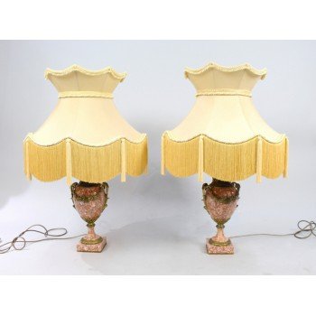 Pair of Antique French Marble & Ormolu Table Lamps with Silk Shades