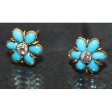 Pair of Victorian Diamond & Turquoise Gold Daisy Ear Studs