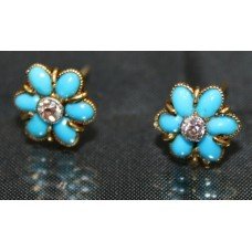 Pair of Victorian Diamond & Turquoise Gold Daisy Ear Studs