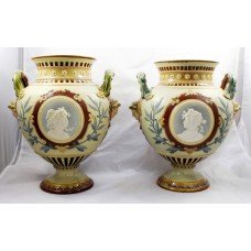 Pair of Mettlach Pottery Two Handled Bulbous Urns c.1900