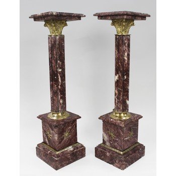 Pair of Ornate Rouge Marble Column Pedestals 