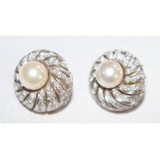 Pair of Round Cluster Head Pearl & Diamond 18ct White Gold Earrings