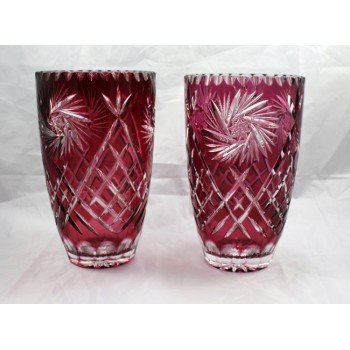 Pair of Ruby Overlay Crystal Cut Glass Vases