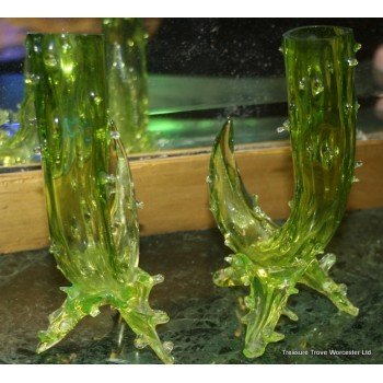 Pair of Decorative Vaseline Glass Vases