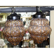 Pair of Vintage Amber Glass Metal Lattice Lanterns