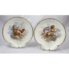 Pair of Victorian Wedgwood Oyster Shaped Hand Painted Cherub Plates