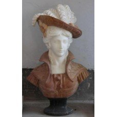 Red & White Marble Bust of Woman with Hat on Black Marble Base