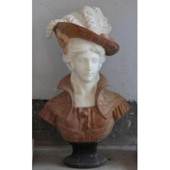 Red & White Marble Bust of Woman with Hat on Black Marble Base