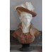 Red & White Marble Bust of Woman with Hat on Black Marble Base