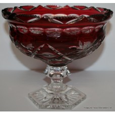 Ruby Cut Glass Overlay Crystal Jagged Topped Footed Bowl