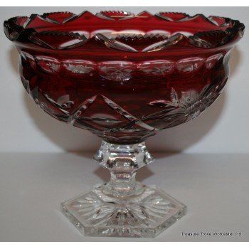 Ruby Cut Glass Overlay Crystal Jagged Topped Footed Bowl