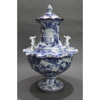 Late 19th c. Royal Bonn Tokio Blue & White Lidded Vase