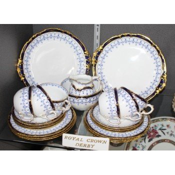 Royal Crown Derby White, Blue & Gold Antique Tea Service 1913