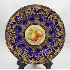 Royal Worcester Painted Fruit Plate by Hughes Heavily Gilded Cobalt Surround