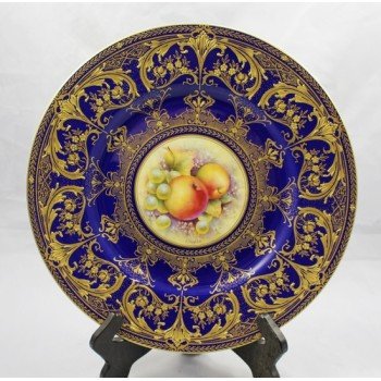 Royal Worcester Painted Fruit Plate by Hughes Heavily Gilded Cobalt Surround