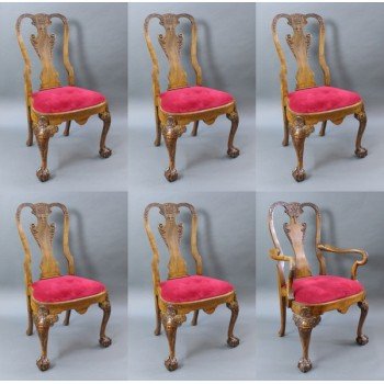 Set of 6 Early 20th c. Georgian Style Carved Walnut Dining Chairs