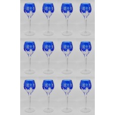 Set of 12 Fine Vintage Blue Overlay Crystal Wine Glasses