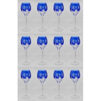 Set of 12 Fine Vintage Blue Overlay Crystal Wine Glasses