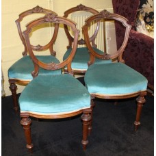 Set of 4 Edwardian Carved Walnut Upholstered Chairs
