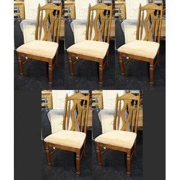 Set of 5 Carved Wood Dining Chairs with Upholstered Seats