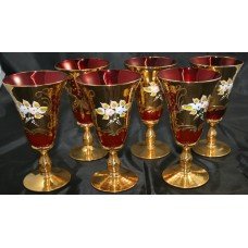 Set of 6 Venetian Murano Red & Gold Goblets