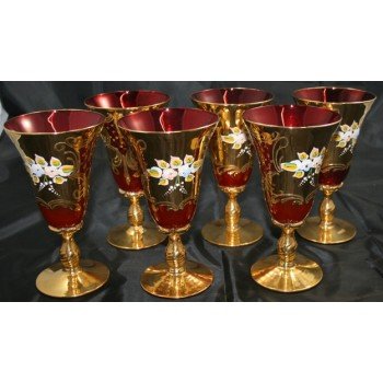 Set of 6 Venetian Murano Red & Gold Goblets