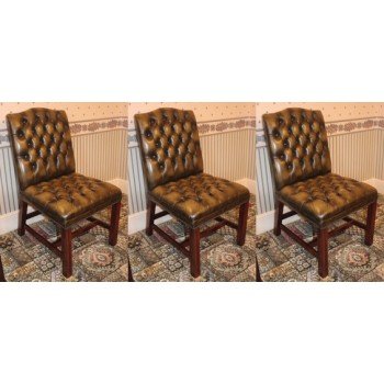 Set of Three Mahogany Buttoned Green Leather Studded Library Chairs