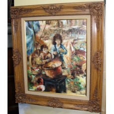 Impressionistic Market Scene Painting Signed Set in Carved Wooden Frame