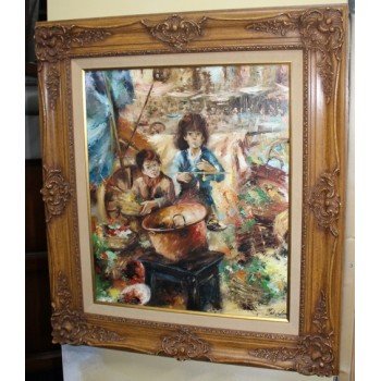 Impressionistic Market Scene Painting Signed Set in Carved Wooden Frame