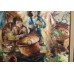 Impressionistic Market Scene Painting Signed Set in Carved Wooden Frame