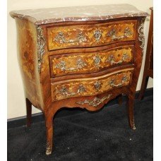 Small Late 19th c. French Inlaid Marble Topped Chest of Drawers