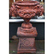 Pair of Heavy Terracotta Style Rams Head Garden Urns on Base