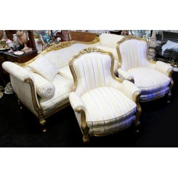 Three Piece Silk Upholstered Carved Giltwood Suite