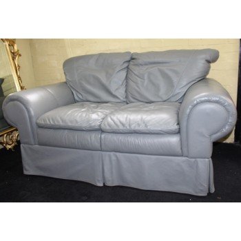 Two Seater Sage Green Leather Sofa & Pouffe Ottoman
