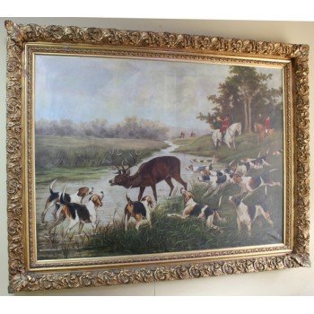 Grand Hunting Painting by de Vinck Oil on Canvas 1902