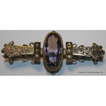 Victorian Amethyst & Pearl 9ct Gold Bar Brooch