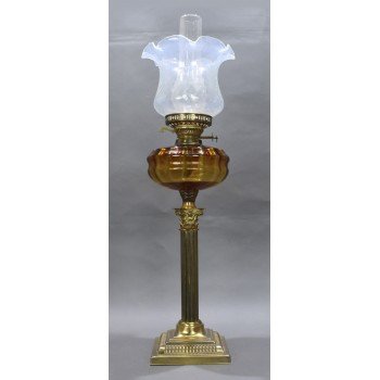 Victorian Brass Oil Lamp with Amber Font & Vaseline Glass Shade