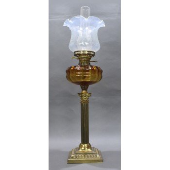 Victorian Brass Oil Lamp with Amber Font & Vaseline Glass Shade