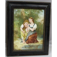 Victorian Painting on Porcelain Set in Ebonized Gilt Frame