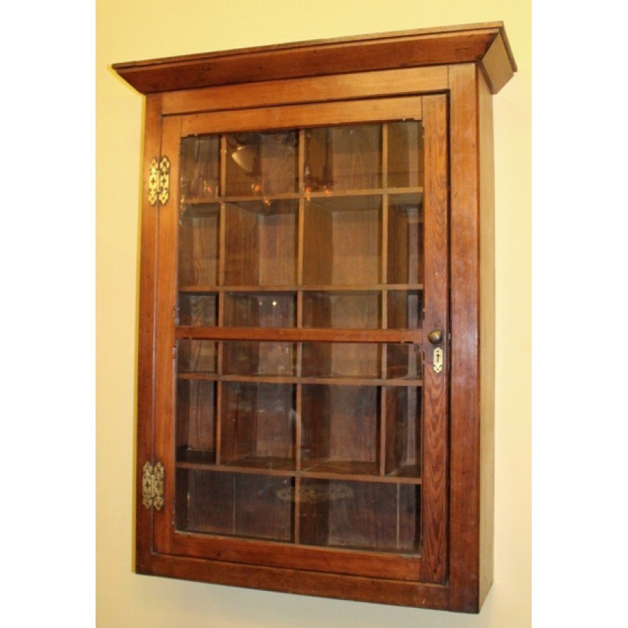 19th C Victorian Pitch Pine Wall Mounted Message Cabinet
