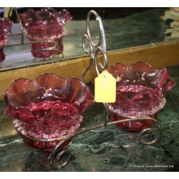 Victorian Silver Plated Cranberry Glass Strawberry Basket