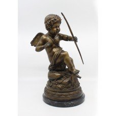 Winged Bronze Cupid Sculpure on Marble Base